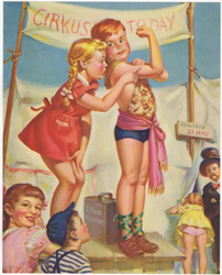 Vintage prints of boy flexing muscles at backyard circus